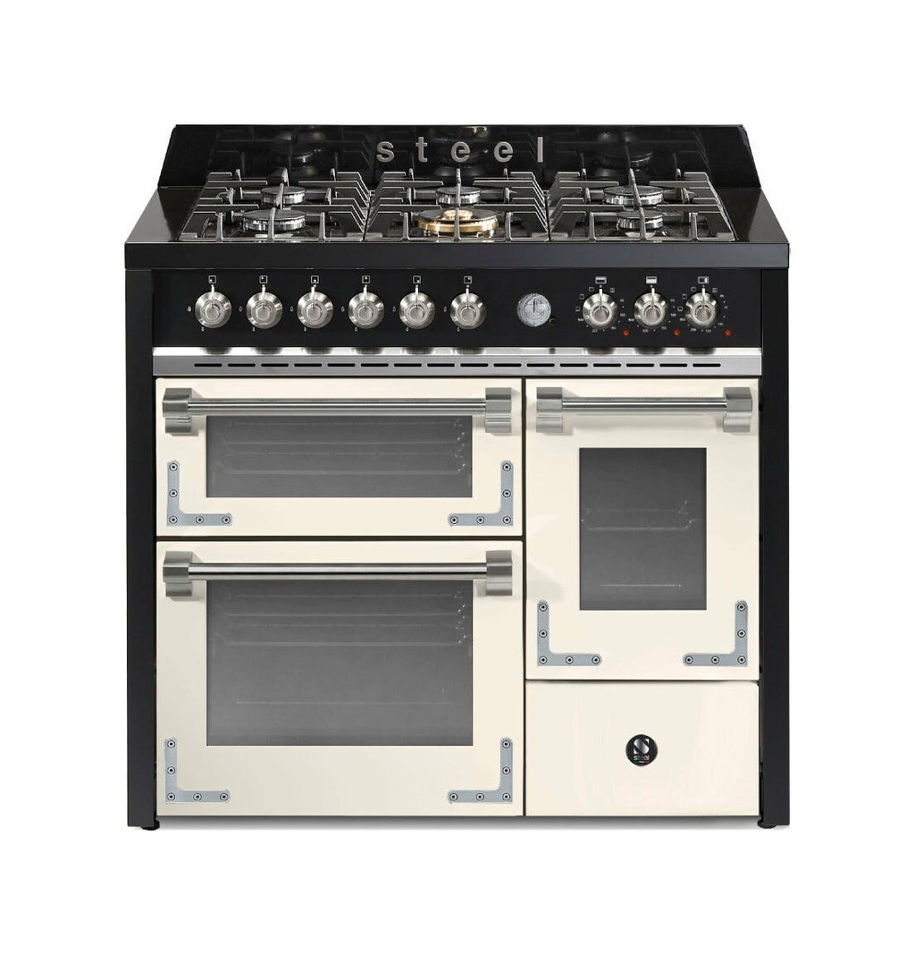 Steel Oxford 100/3 XQ10FFF Oxford 100/3 Cucina da accosto 100 cm, triplo forno elettrico (70 + 39 + 34 lt), piano cottura full-gas o induzione, acciaio inox