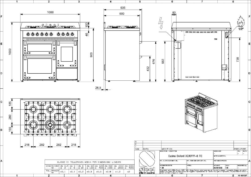 Steel Oxford 100/3 XQ10FFF Oxford 100/3 Cucina da accosto 100 cm, triplo forno elettrico (70 + 39 + 34 lt), piano cottura full-gas o induzione, acciaio inox