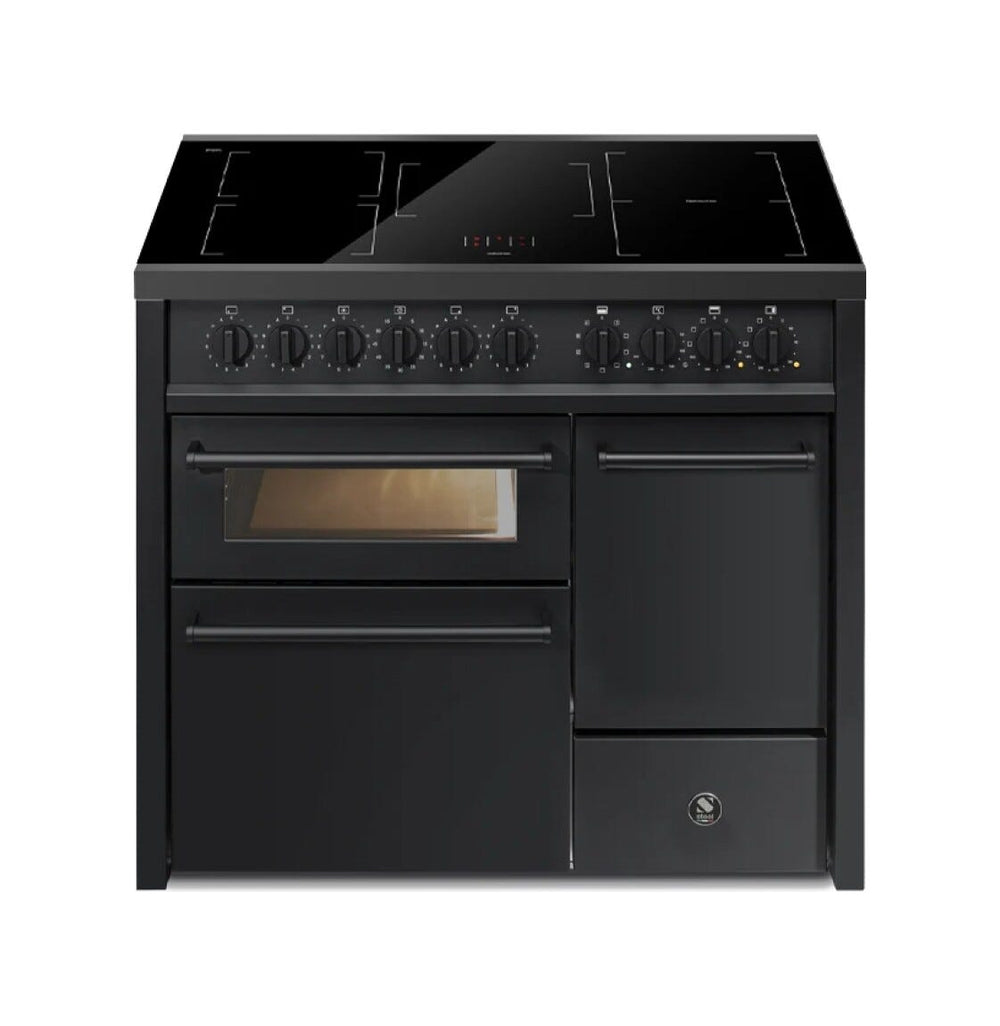 Steel Enfasi 100/3 EQ10FFF NF All Black Cucina da accosto 100 cm, 3 forni elettrici con forno pizza/grill, piano gas o induzione, nero fumo opaco