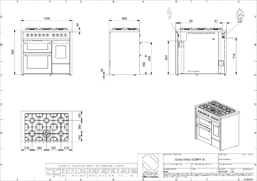 Steel Enfasi 100/3 EQ10FFF NF All Black Cucina da accosto 100 cm, 3 forni elettrici con forno pizza/grill, piano gas o induzione, nero fumo opaco