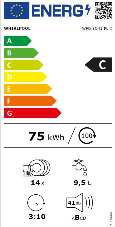 Whirlpool WFO3041PLX Lavastoviglie a libera installazione cm. 60 - 14 coperti - inox