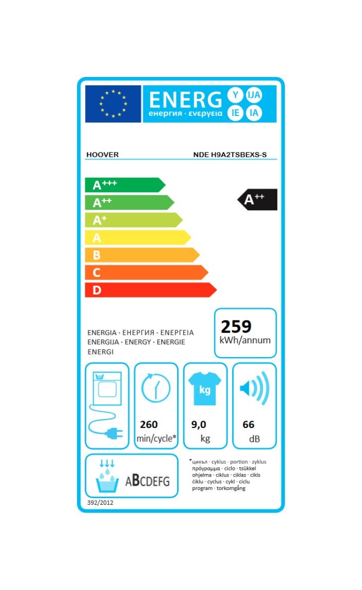 Hoover NDE H9A2TSBEXS-S H-DRY 500 Asciugatrice cm. 60 - capacità 9 kg - bianco