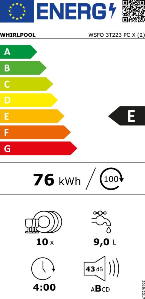 Whirlpool WSFO3T223PCX Lavastoviglie a libera installazione cm. 45 - 10 coperti - inox