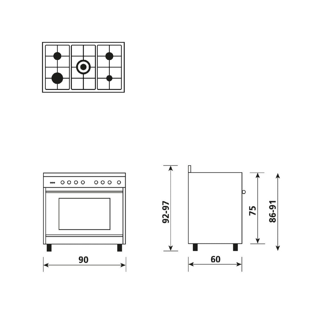 Glem ST965MBK Specialista Cucina da accosto cm. 90 - 5 fuochi + forno elettrico - nero carbone