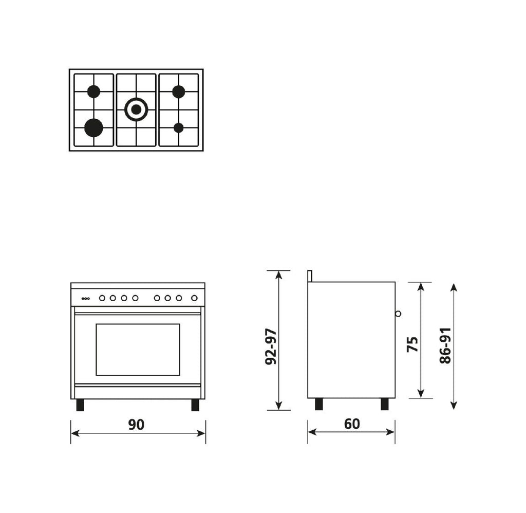 Glem ST965VI Specialista Cucina da accosto cm. 90 - 5 fuochi + forno a gas - acciaio inox
