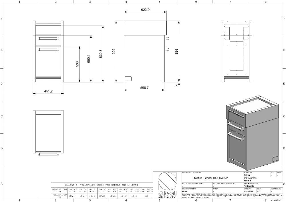 Steel Genesi GQ4C-P Worktables Piano da lavoro compatto 45 cm in acciaio inox con cassetti, sistema modulare professionale