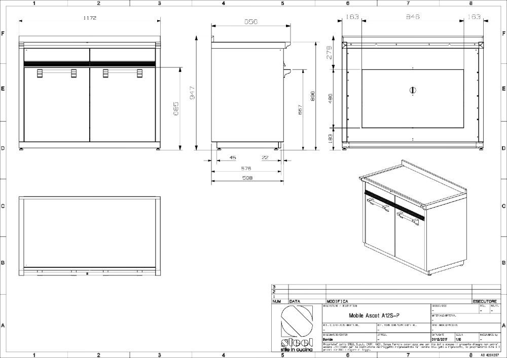 Steel Ascot A12S-P Ascot Piano da lavoro 120 cm, acciaio inox, 2 cassetti, 2 ante, soft-close