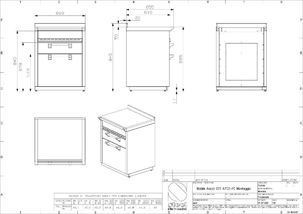 Steel Ascot A7C-P Ascot Piano da lavoro 70 cm, 3 cassetti soft-close, acciaio inox