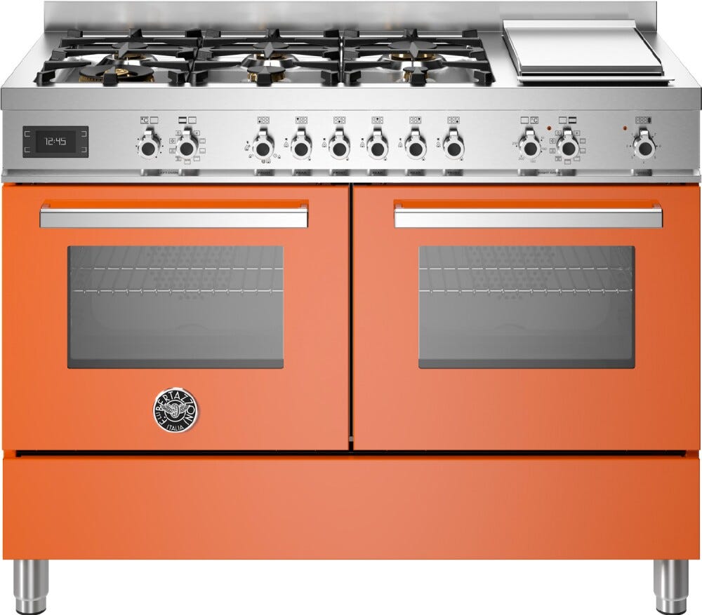 Bertazzoni PRO126G2EART Professional Cucina da accosto 120 cm, 6 fuochi a gas, doppio forno gemello e piastra teppan-yaki, arancione