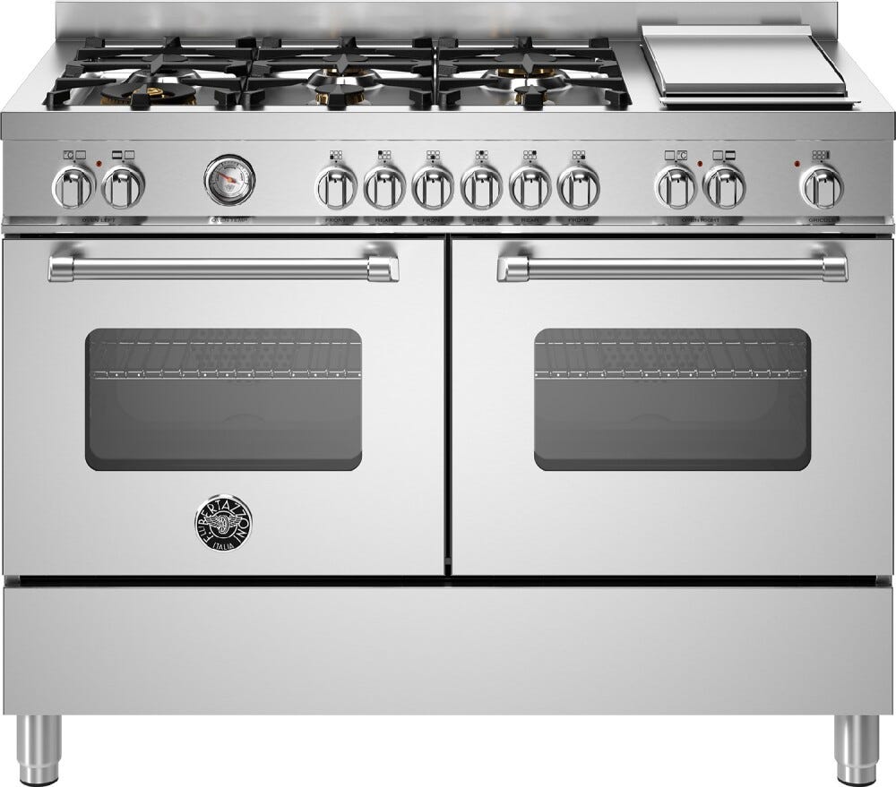 Bertazzoni MAS126G2EXT Master Cucina da accosto 120 cm, 6 fuochi a gas, piastra teppan-yaki e doppi forni elettrici, inox
