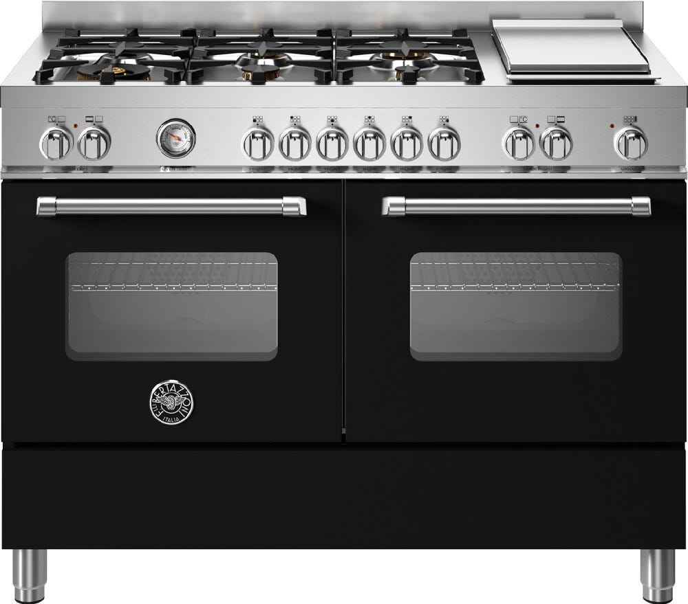Bertazzoni MAS126G2ENET Master Cucina da accosto 120 cm, 6 fuochi a gas, piastra teppan-yaki e doppi forni elettrici, nero