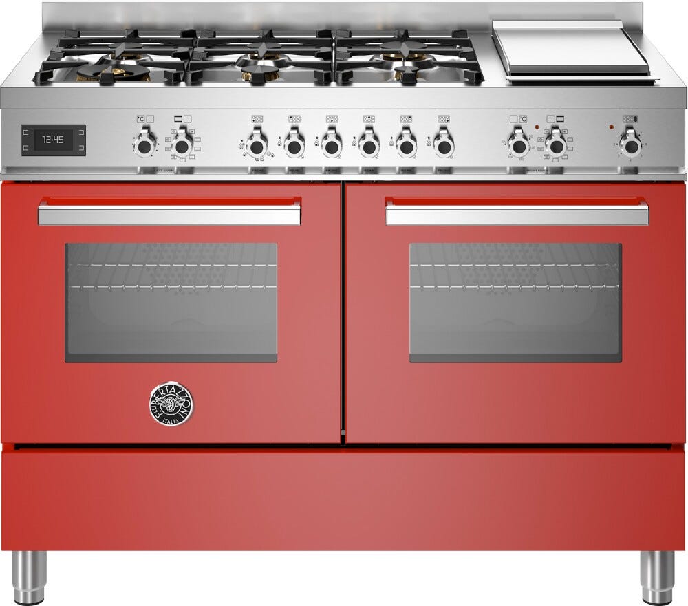 Bertazzoni PRO126G2EROT Professional Cucina da accosto 120 cm, 6 fuochi a gas, piastra teppan-yaki e doppi forni elettrici, rosso