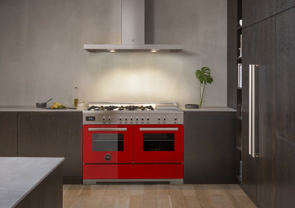 Bertazzoni PRO126G2EROT Professional Cucina da accosto 120 cm, 6 fuochi a gas, piastra teppan-yaki e doppi forni elettrici, rosso