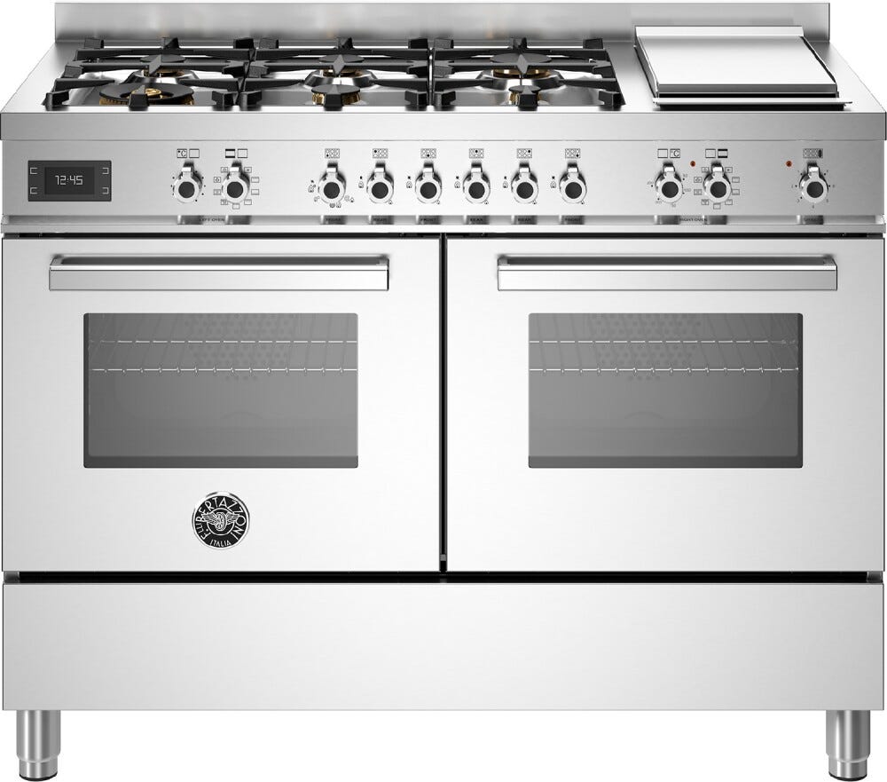 Bertazzoni PRO126G2EXT Professional Cucina da accosto 120 cm, 6 fuochi a gas, piastra Teppan‑yaki e doppio forno elettrico, inox