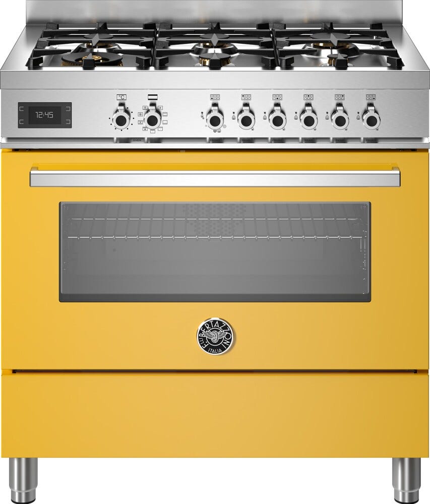 Bertazzoni PRO96L1EGIT Professional Cucina da accosto 90 cm, 6 fuochi a gas con doppio wok, forno elettrico 103 L, giallo