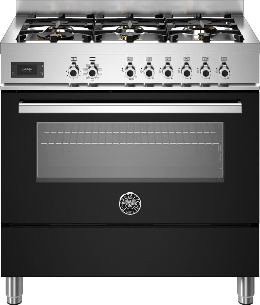 Bertazzoni PRO96L1ENET Professional Cucina da accosto 90 cm, 6 bruciatori in ottone, forno elettrico multifunzione 103 L, classe A, nero
