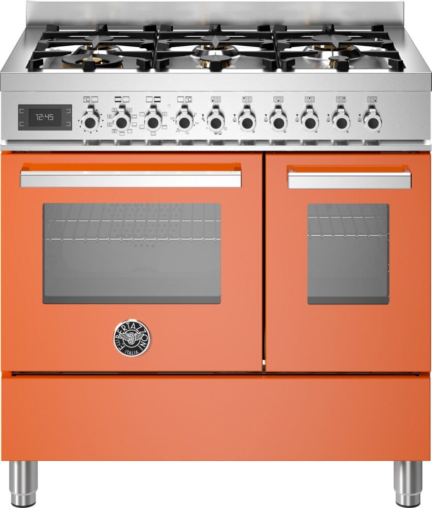 Bertazzoni PRO96L2EART Professional Cucina da accosto 90 cm, 6 bruciatori in ottone, doppio forno elettrico multifunzione, arancione