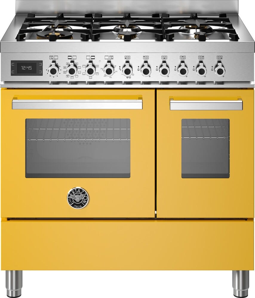 Bertazzoni PRO96L2EGIT Professional Cucina da accosto 90 cm, 6 bruciatori in ottone, doppio forno elettrico multifunzione, giallo