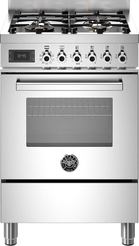 Bertazzoni PRO64L1EXT Professional Cucina da accosto 60 cm, 4 fuochi a gas con doppio wok 5 kW, forno elettrico multifunzione 69 L, inox