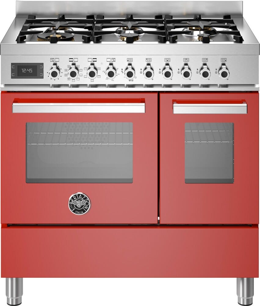 Bertazzoni PRO96L2EROT Professional Cucina da accosto 90 cm, 6 bruciatori in ottone, doppio forno elettrico multifunzione, rosso