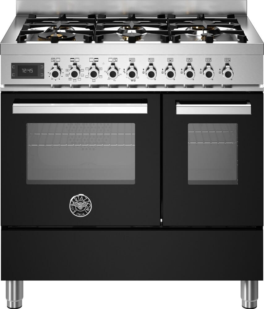 Bertazzoni PRO96L2ENET Professional Cucina da accosto 90 cm, 6 bruciatori in ottone, doppio forno elettrico multifunzione, nero