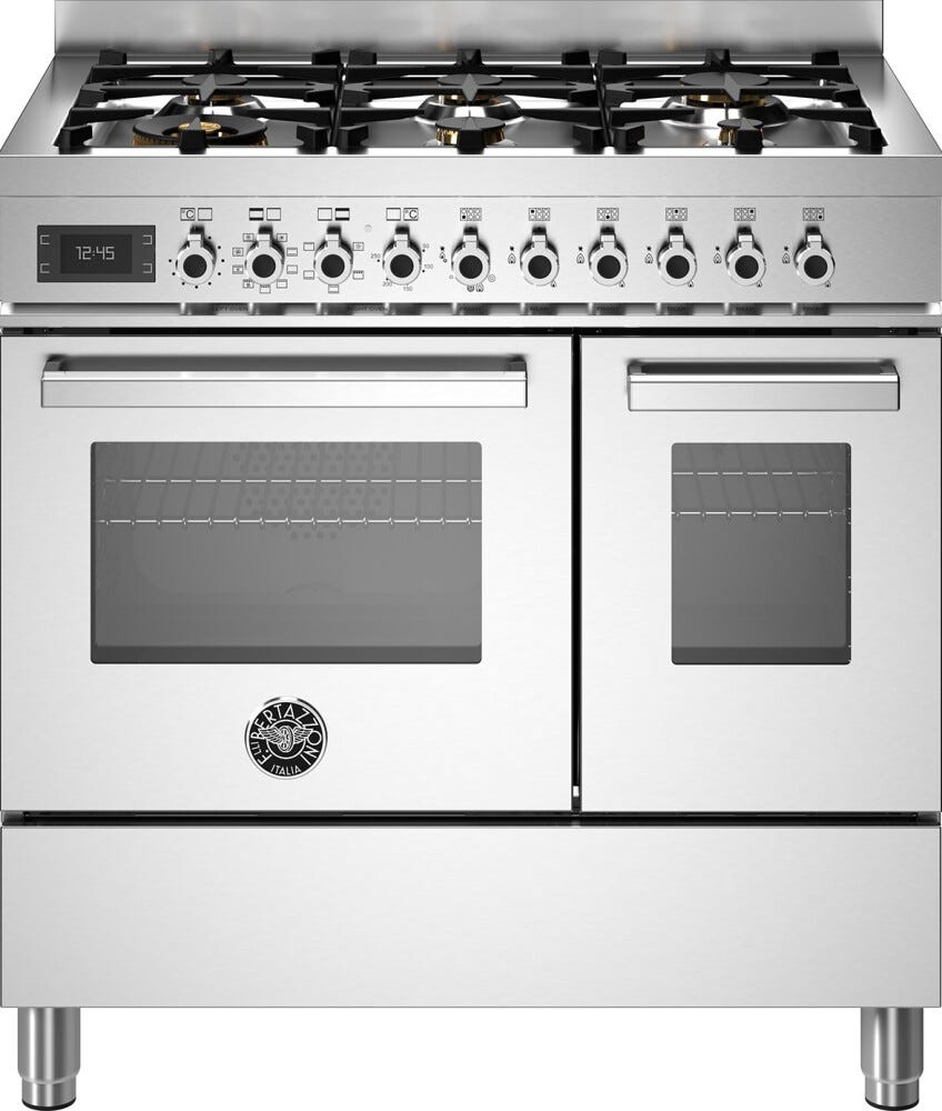 Bertazzoni PRO96L2EXT Professional Cucina da accosto 90 cm, 6 bruciatori in ottone, doppio forno elettrico multifunzione, inox