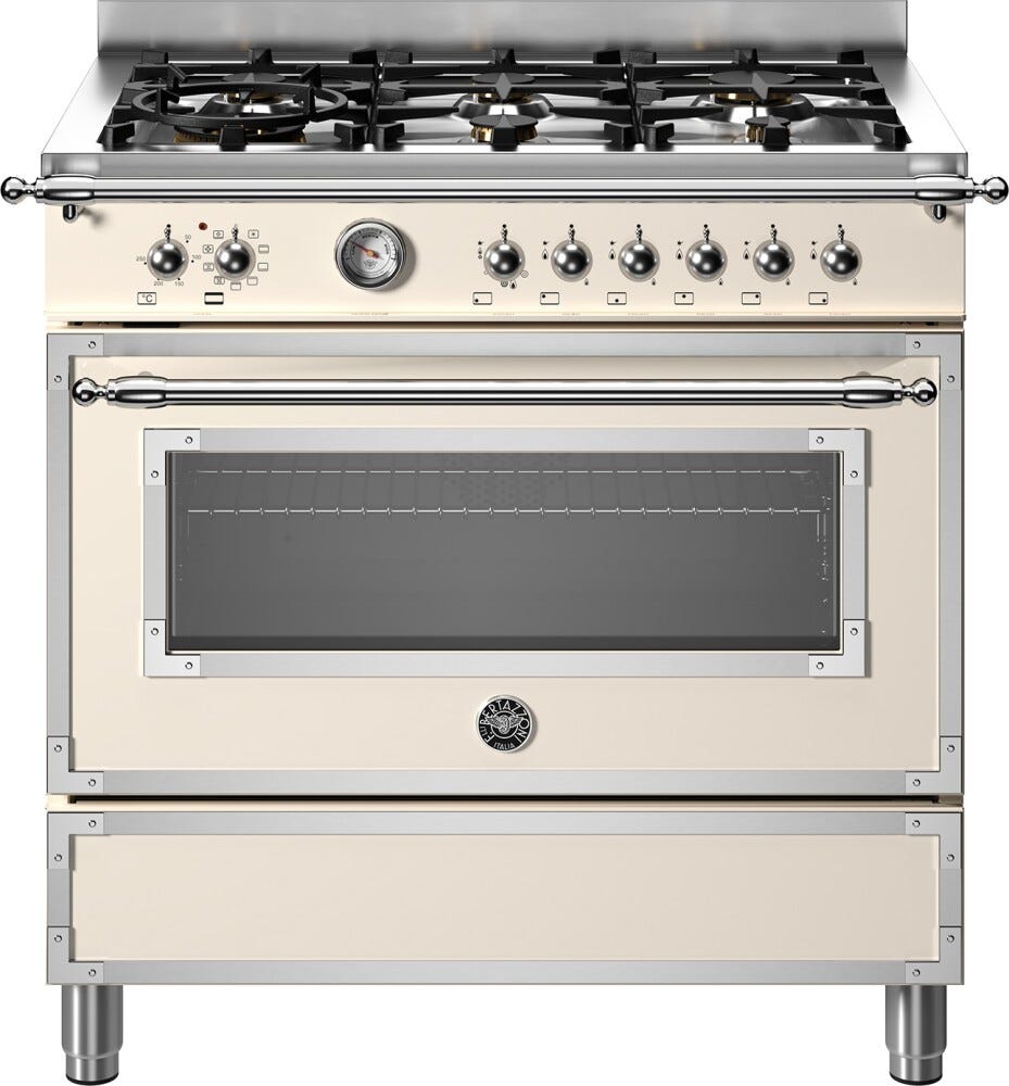 Bertazzoni HER96L1EAVT Heritage Cucina da accosto 90 cm con forno elettrico multifunzione da 103 litri e 6 fuochi gas, avorio
