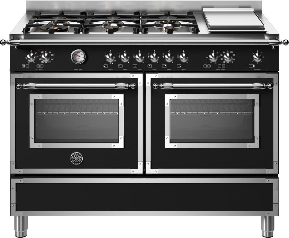 Bertazzoni HER126G2ENET Heritage Cucina da accosto 120 cm con doppio forno elettrico multifunzione e piano gas 6 fuochi, nero