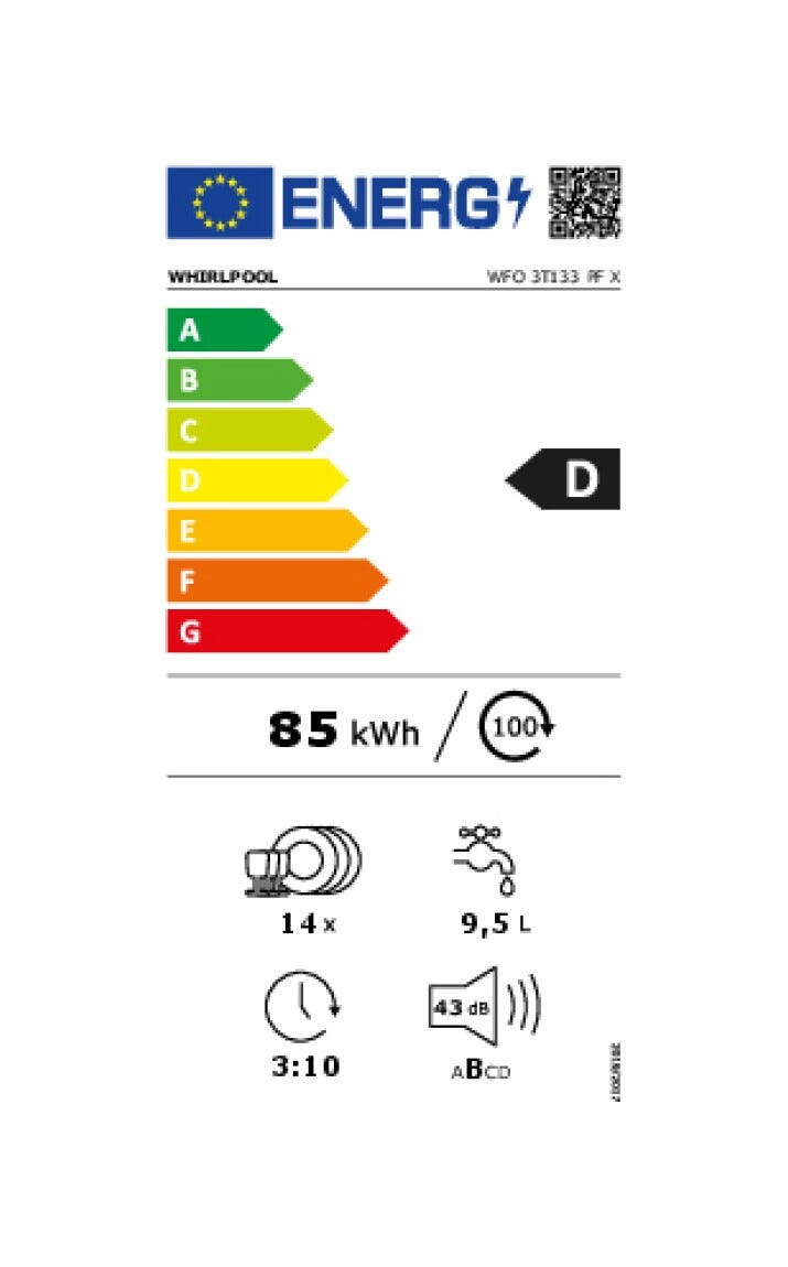 Whirlpool WFO3T133PFX Lavastoviglie a libera installazione cm. 60 - 14 coperti - inox