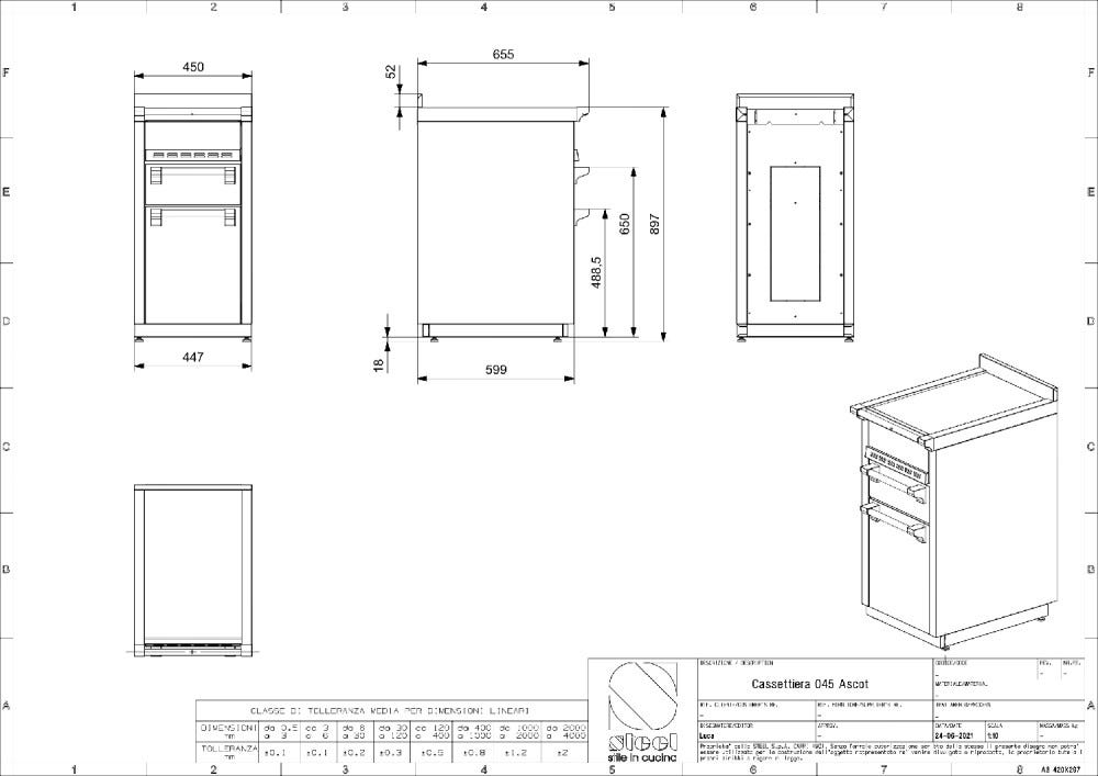 Steel Ascot A4C-P Ascot Piano da lavoro 45 cm, 3 cassetti soft-close, acciaio inox