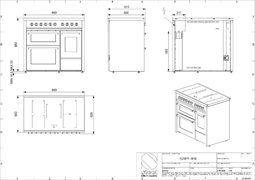 Steel Enfasi 100/3 EQ10FFF Enfasi Cucina da accosto 100 cm, 3 forni elettrici, piano a gas o induzione, acciaio inox AISI 441