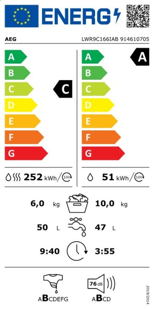 AEG LWR9C166IAB SERIE 9000 Lavasciuga cm. 60 - lavaggio 10 kg - asciugatura 6 kg - bianco