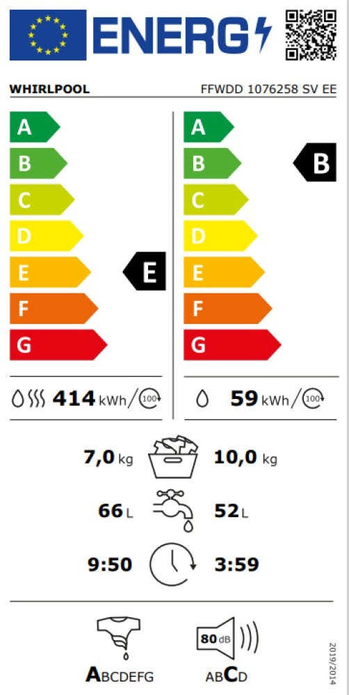 Whirlpool FFWDD1076258SVEE Lavasciuga cm. 60 - lavaggio 10 kg - asicugatura 7 kg - bianco