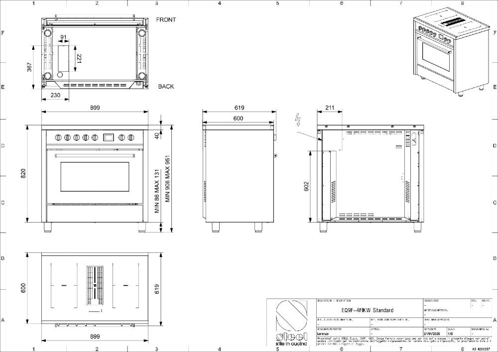 Steel Enfasi 90 EQ9F-4FIKW Mistral Cucina da accosto 90 cm, piano cottura a induzione con aspirazione integrata, forno multifunzione