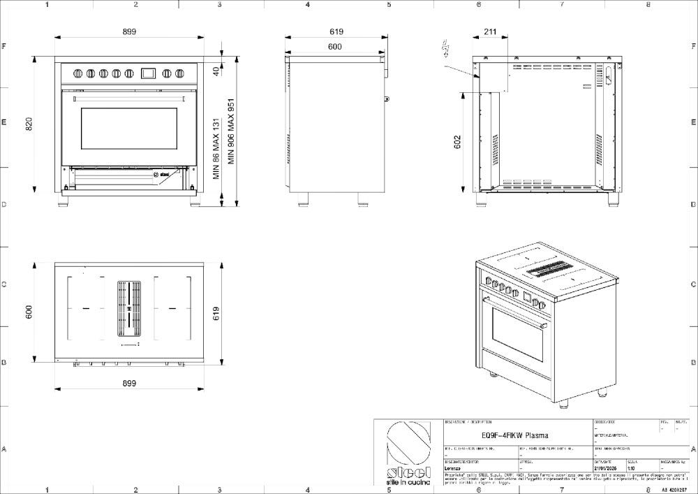 Steel Enfasi 90 EQ9F-4FIKW Mistral Cucina da accosto 90 cm, piano cottura a induzione con aspirazione integrata, forno multifunzione