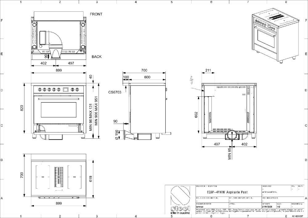 Steel Enfasi 90 EQ9F-4FIKW Mistral Cucina da accosto 90 cm, piano cottura a induzione con aspirazione integrata, forno multifunzione