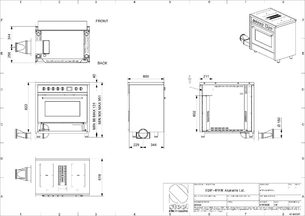 Steel Enfasi 90 EQ9F-4FIKW Mistral Cucina da accosto 90 cm, piano cottura a induzione con aspirazione integrata, forno multifunzione
