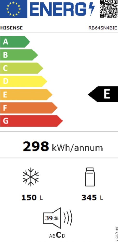 Hisense RB645N4BIE Frigorifero con congelatore a libera installazione - cm. 70 h. 200 - lt. 495 - inox