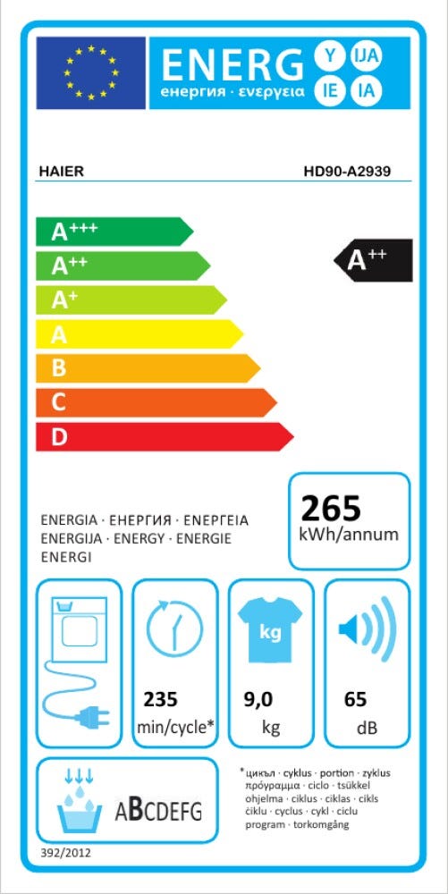 Haier HD90-A2939 I-Pro Serie 3 Asciugatrice cm. 60 - capacità 9 kg. - bianco