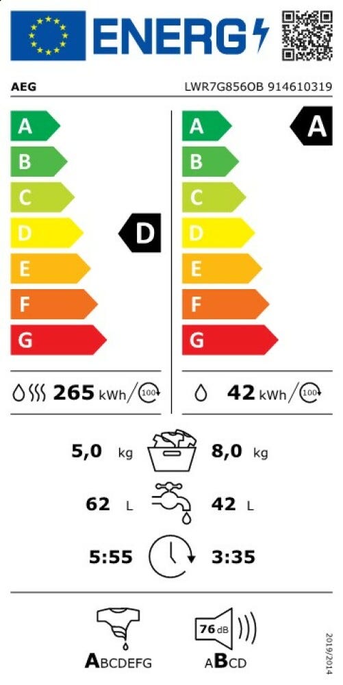 AEG LWR7G856OB KOMBI 7000 PROSTEAM® Lavasciuga cm. 60 - lavaggio 8 kg - asciugatura 5 kg - bianco