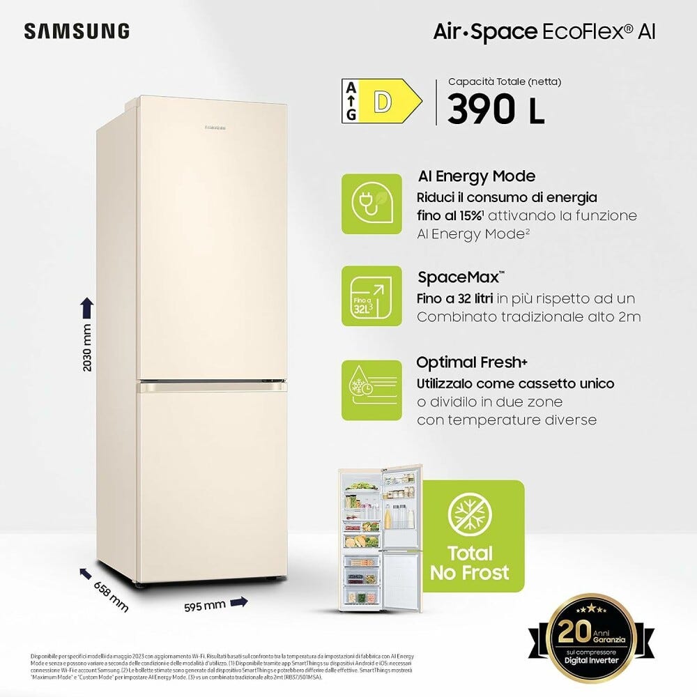 Samsung RB38C603DEL/EF EcoFlex Frigorifero con congelatore a libera installazione cm. 60 h. 203 - lt. 390 - sabbia