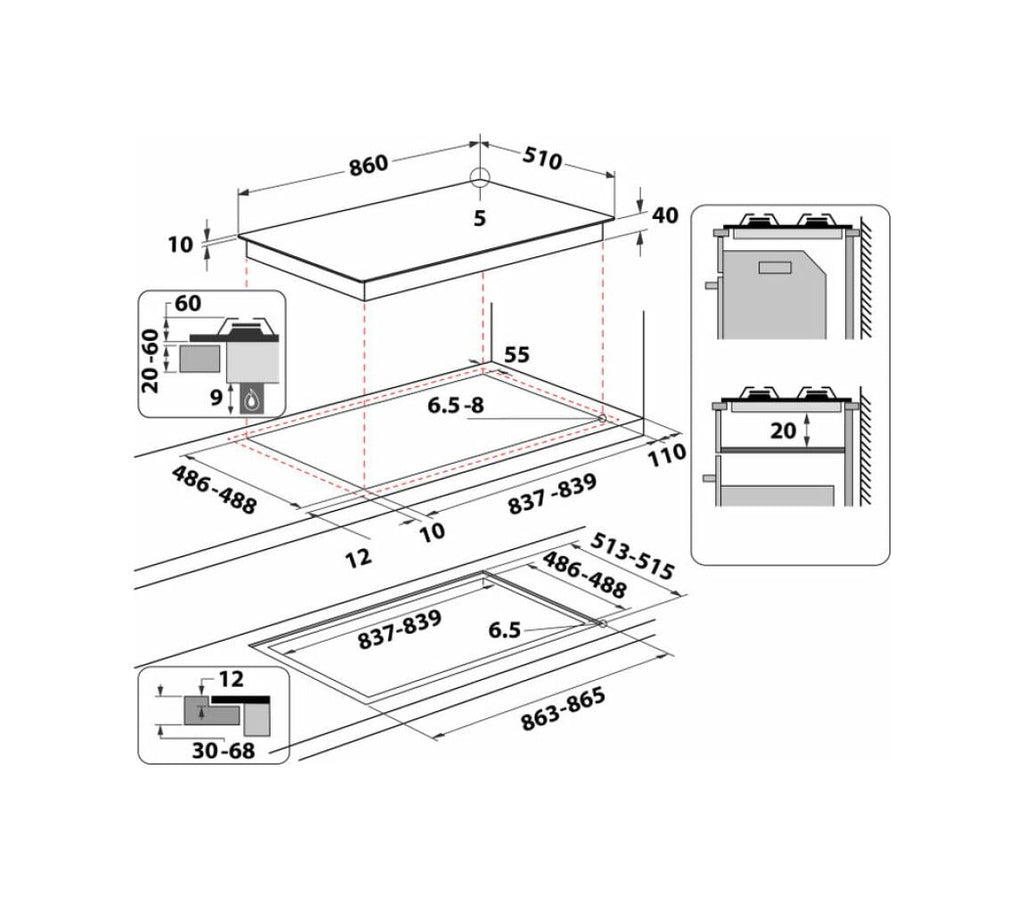 Whirlpool GOA 9523/NB1 Piano cottura a gas cm. 86 - vetro nero