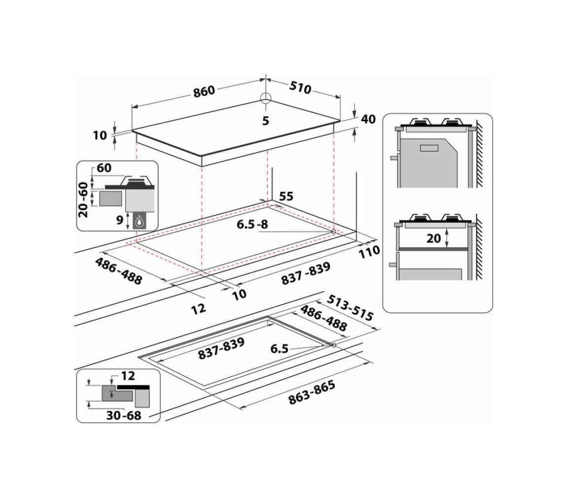Whirlpool GOA 9523/NB1 Piano cottura a gas cm. 86 - vetro nero