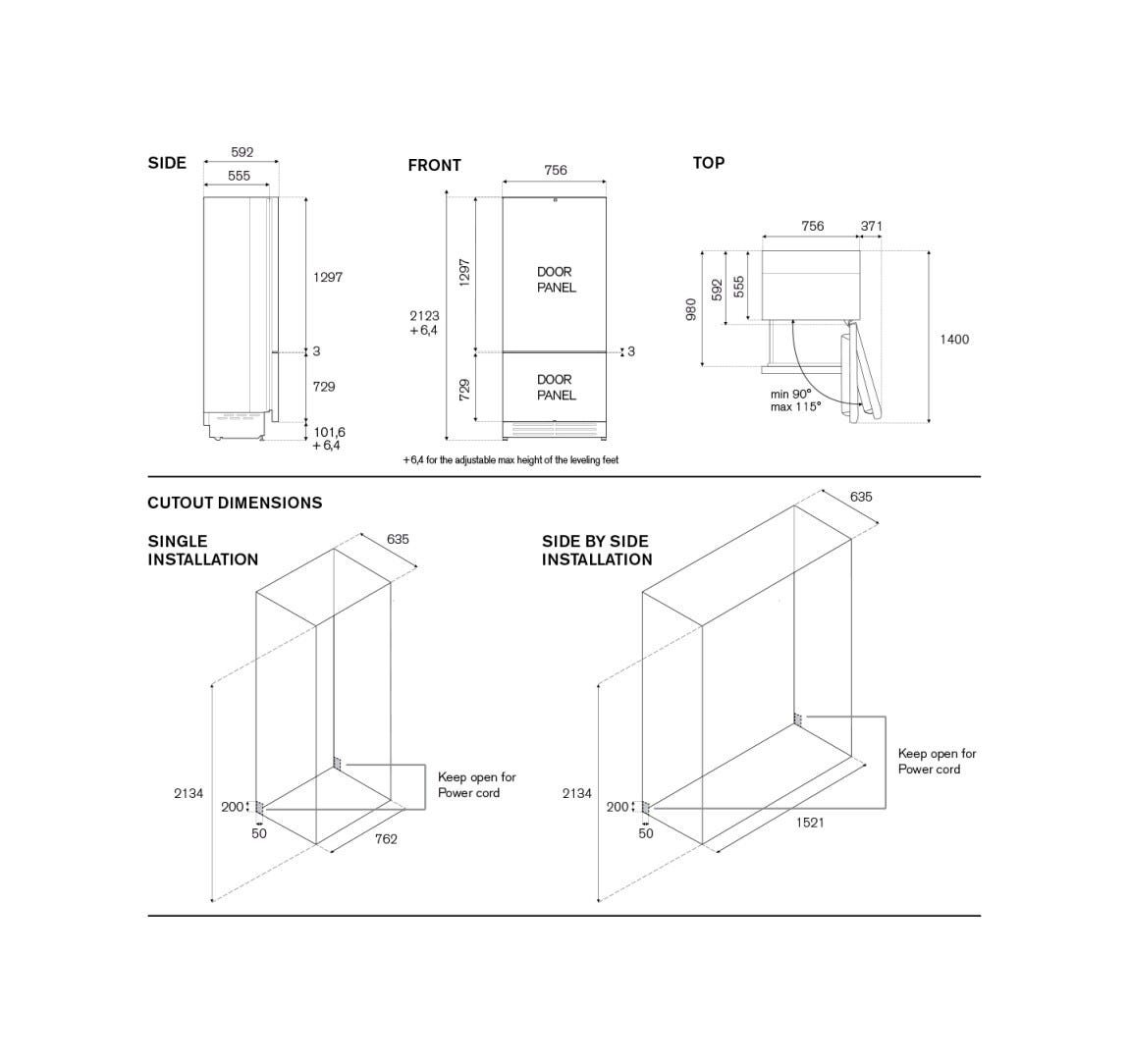 Bertazzoni RBM75S5FPNS Professional Frigorifero con congelatore da incasso cm. 76 h. 212 - lt. 449 - maniglie non incluse