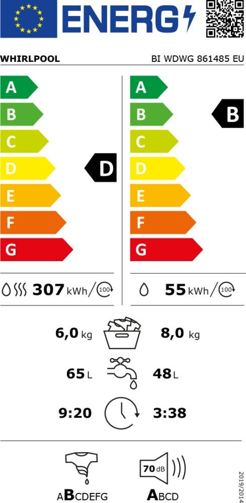 Whirlpool BI WDWG 861485 EU Lavasciuga da incasso cm. 60 - capacità di lavaggio 8 kg - capacità di asciugatura 6 kg