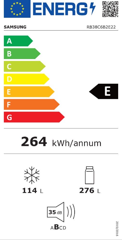 Samsung RB38C6B2E22EF Frigorifero con congelatore a libera installazione cm. 60 h. 203 - lt. 390 - vetro nero