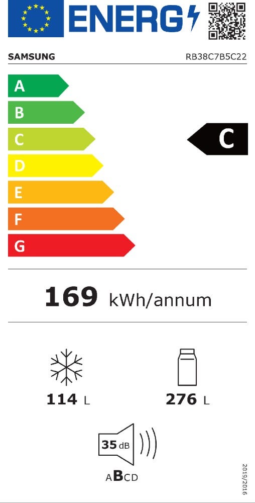 Samsung RB38C7B5C22/EF Frigorifero con congelatore a libera installazione - cm. 60 h. 203 - lt. 390 - vetro nero
