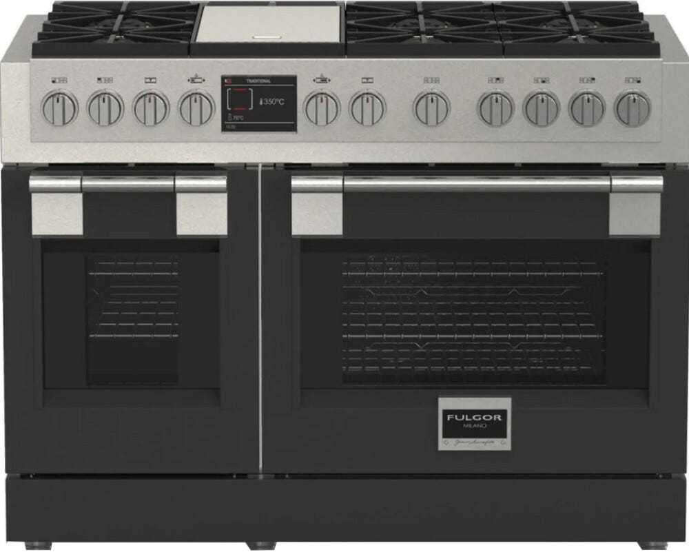 Fulgor FSRC 4807 2P MK 2F MBK Sofia Professional Cucina da accosto cm. 122 x 69 - 6 fuochi a gas con piastra teppanyaki + 2 forni elettrici - nero opaco