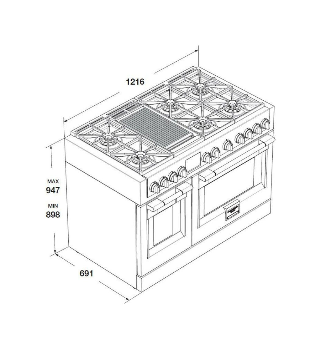 Fulgor FSRC 4807 2P MK 2F MBK Sofia Professional Cucina da accosto cm. 122 x 69 - 6 fuochi a gas con piastra teppanyaki + 2 forni elettrici - nero opaco
