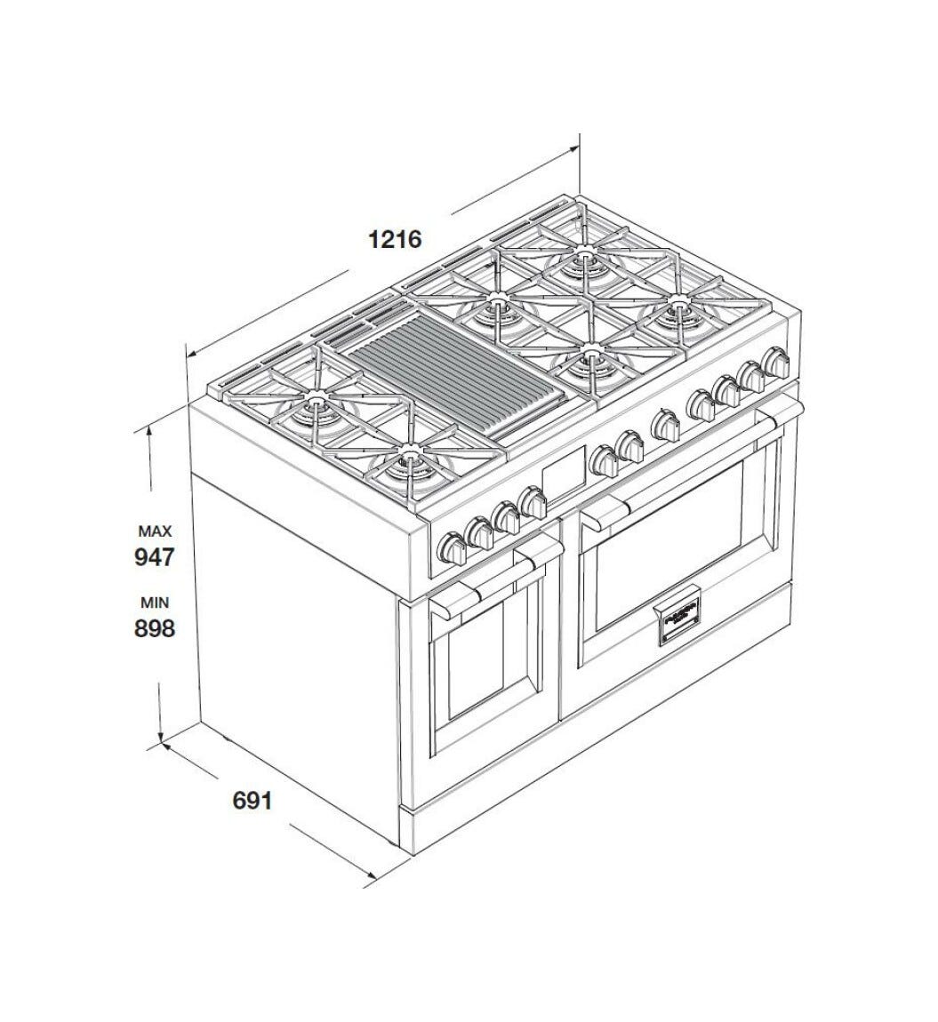 Fulgor FSRC 4807 2P MK 2F MBK Sofia Professional Cucina da accosto cm. 122 x 69 - 6 fuochi a gas con piastra teppanyaki + 2 forni elettrici - nero opaco